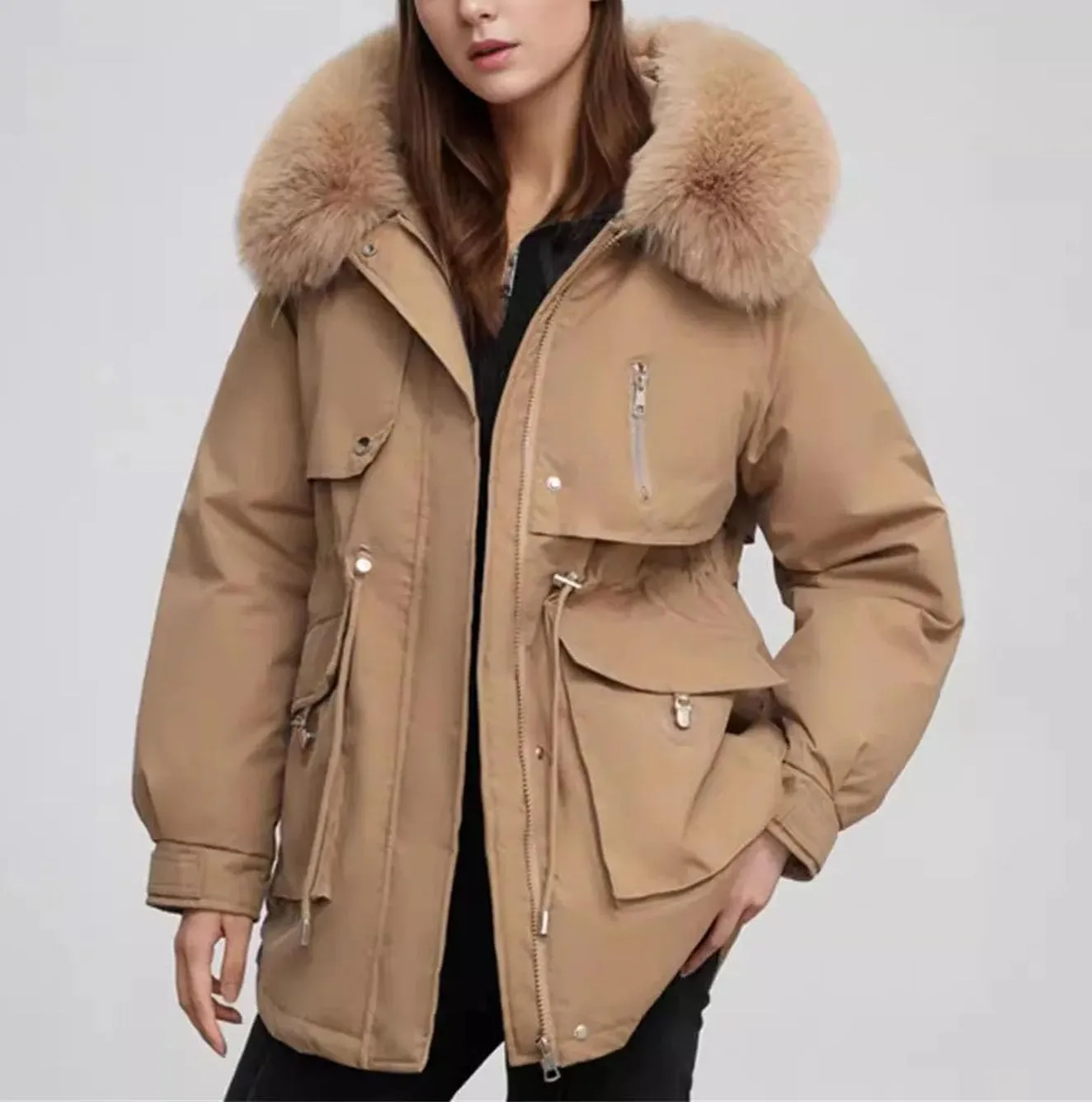 Women's Plush Hooded Zipper Cotton-Padded Jacket Casual Warm Waist Drawstring Parka Coat