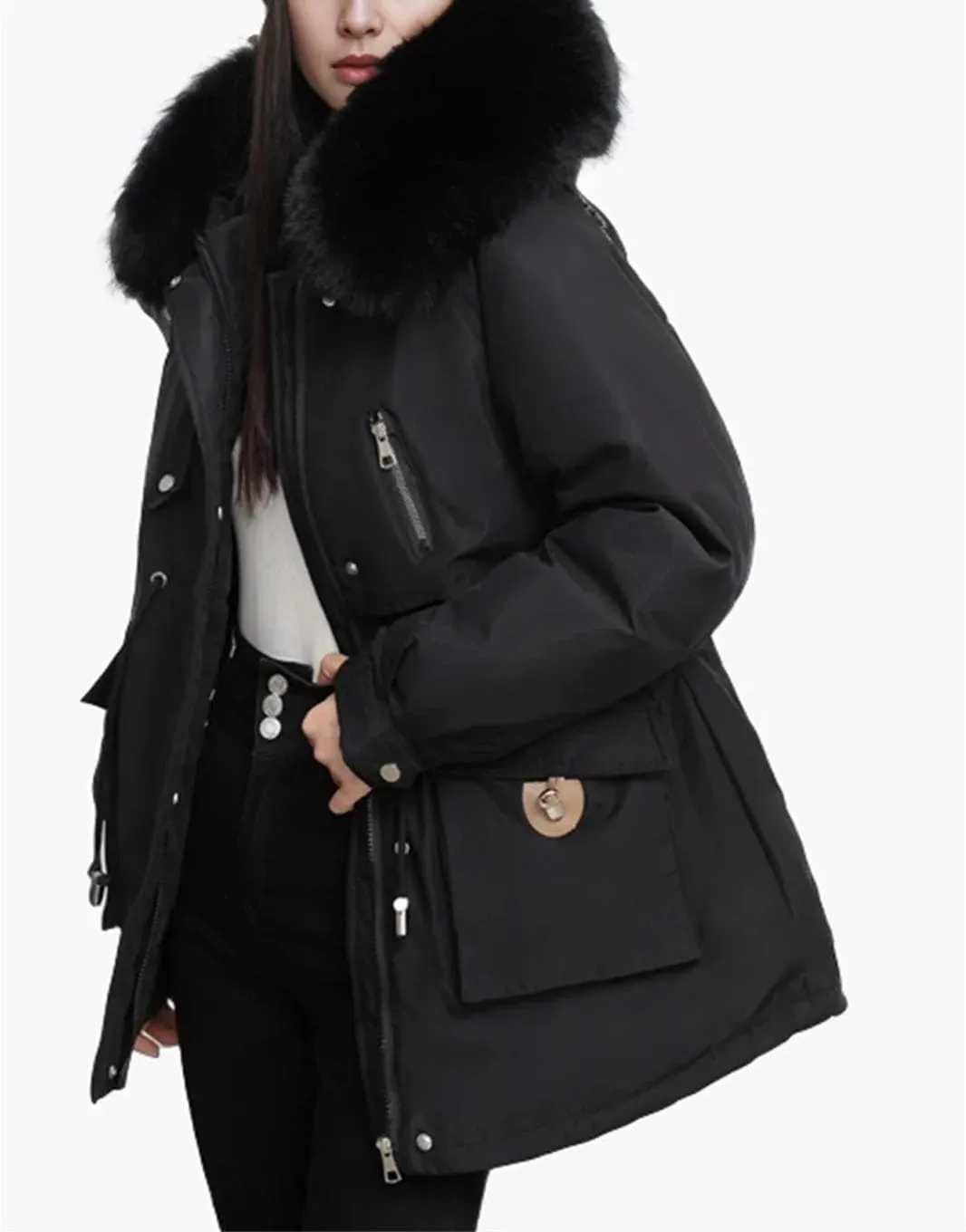 Women's Plush Hooded Zipper Cotton-Padded Jacket Casual Warm Waist Drawstring Parka Coat