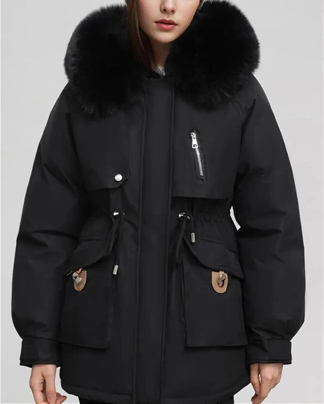 Women's Plush Hooded Zipper Cotton-Padded Jacket Casual Warm Waist Drawstring Parka Coat