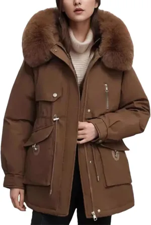 Women's Plush Hooded Zipper Cotton-Padded Jacket Casual Warm Waist Drawstring Parka Coat
