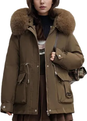 Women's Pocket Drawstring Waist Parka Coat Vintage Plush Hooded Button Cotton-Padded Jacket