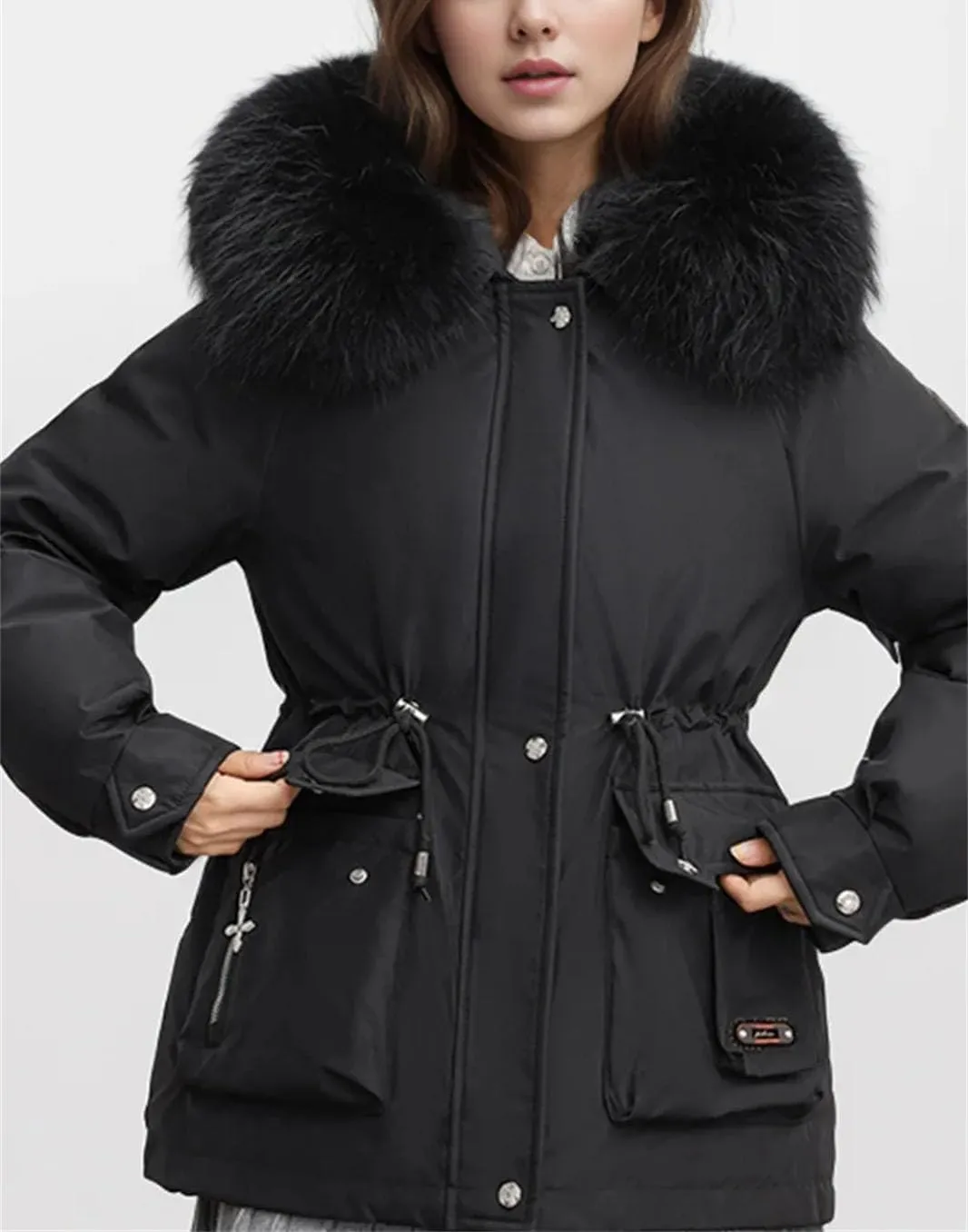 Women's Pocket Drawstring Waist Parka Coat Vintage Plush Hooded Button Cotton-Padded Jacket