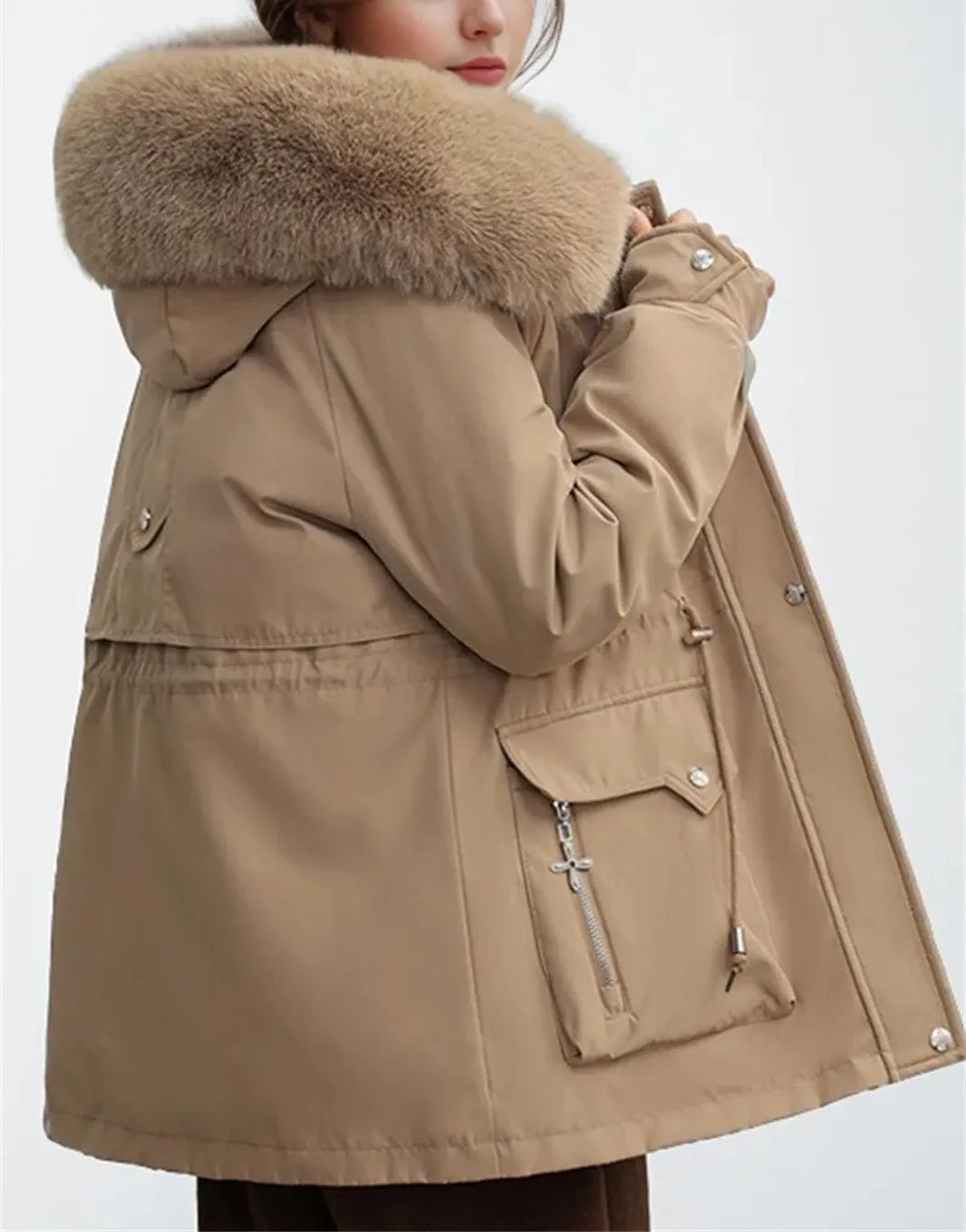 Women's Pocket Drawstring Waist Parka Coat Vintage Plush Hooded Button Cotton-Padded Jacket