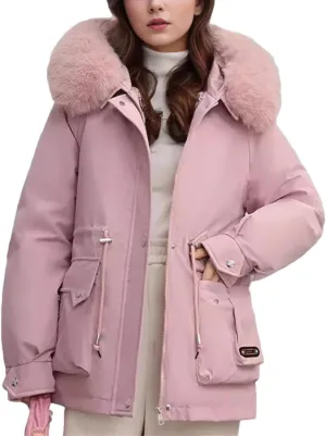 Women's Pocket Drawstring Waist Parka Coat Vintage Plush Hooded Button Cotton-Padded Jacket