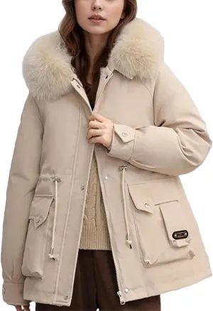 Women's Pocket Drawstring Waist Parka Coat Vintage Plush Hooded Button Cotton-Padded Jacket