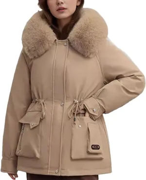 Women's Pocket Drawstring Waist Parka Coat Vintage Plush Hooded Button Cotton-Padded Jacket