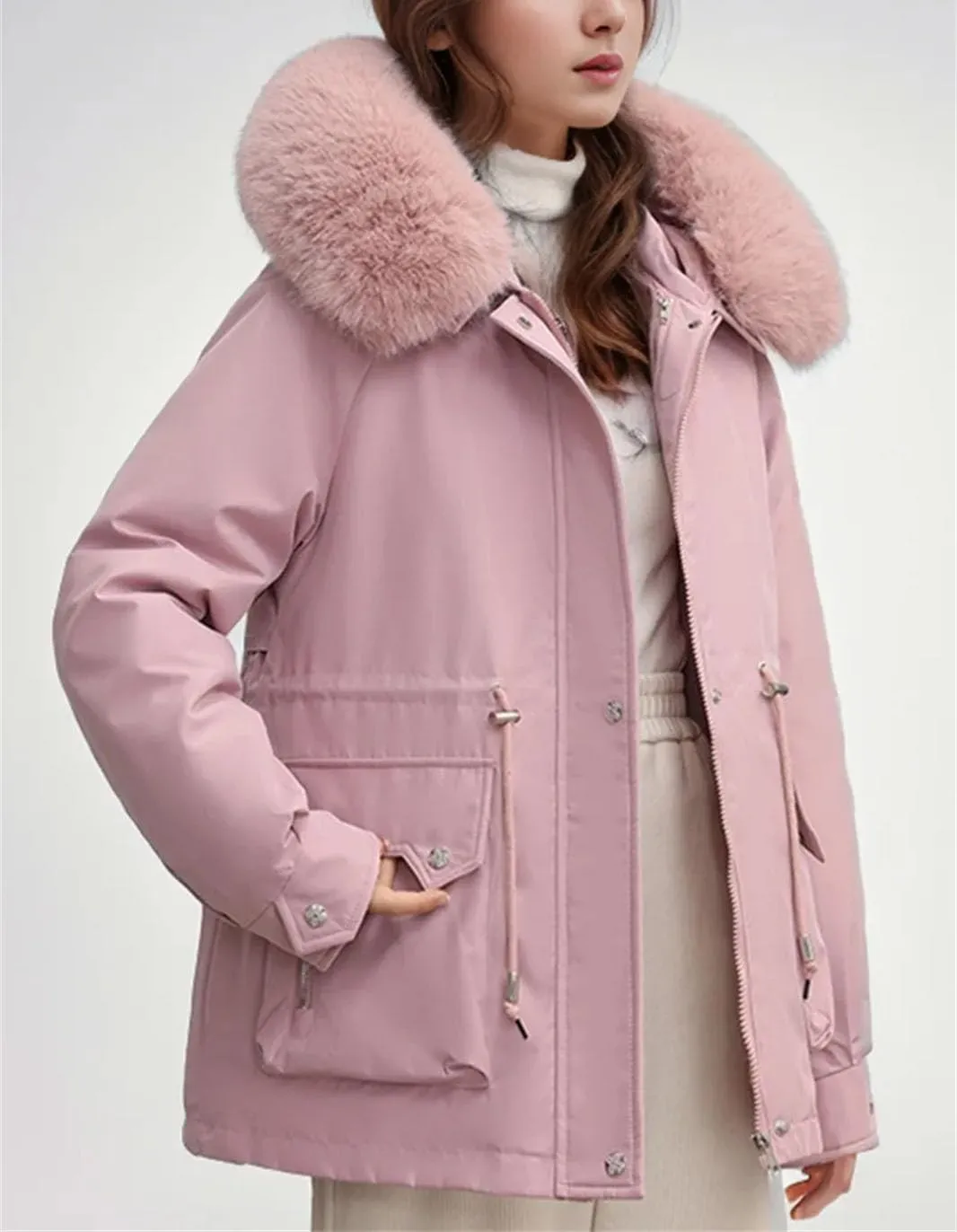 Women's Pocket Drawstring Waist Parka Coat Vintage Plush Hooded Button Cotton-Padded Jacket