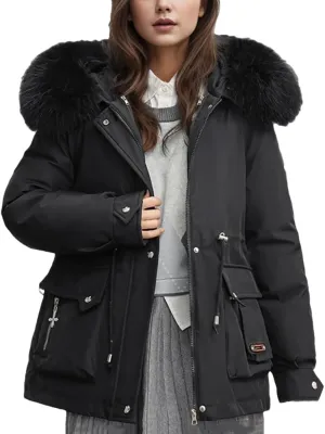 Women's Pocket Drawstring Waist Parka Coat Vintage Plush Hooded Button Cotton-Padded Jacket