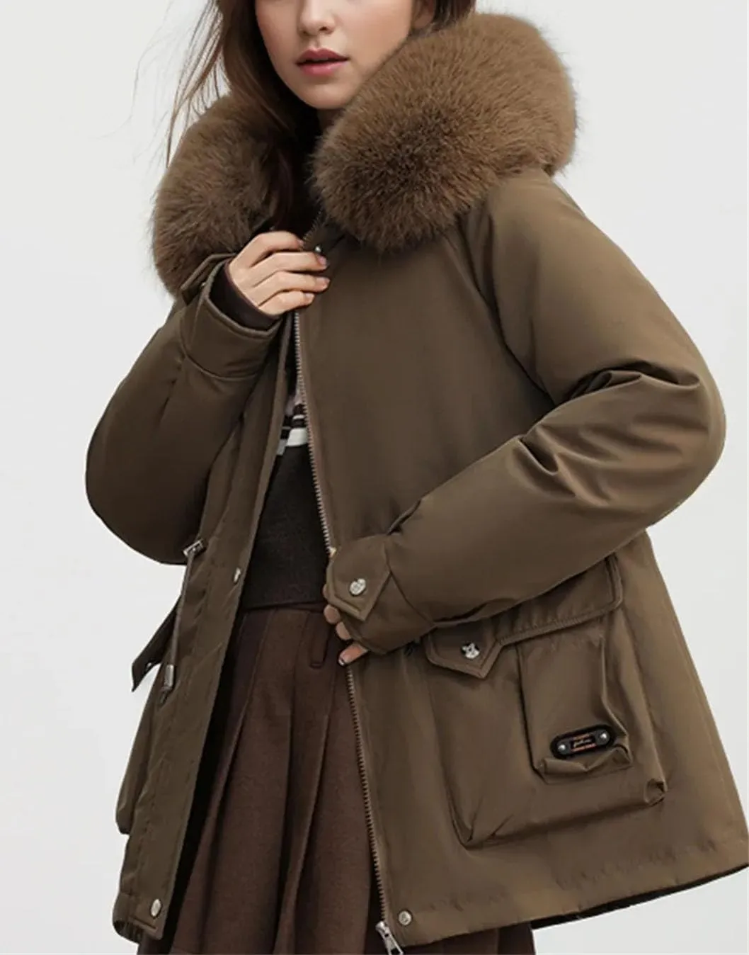Women's Pocket Drawstring Waist Parka Coat Vintage Plush Hooded Button Cotton-Padded Jacket