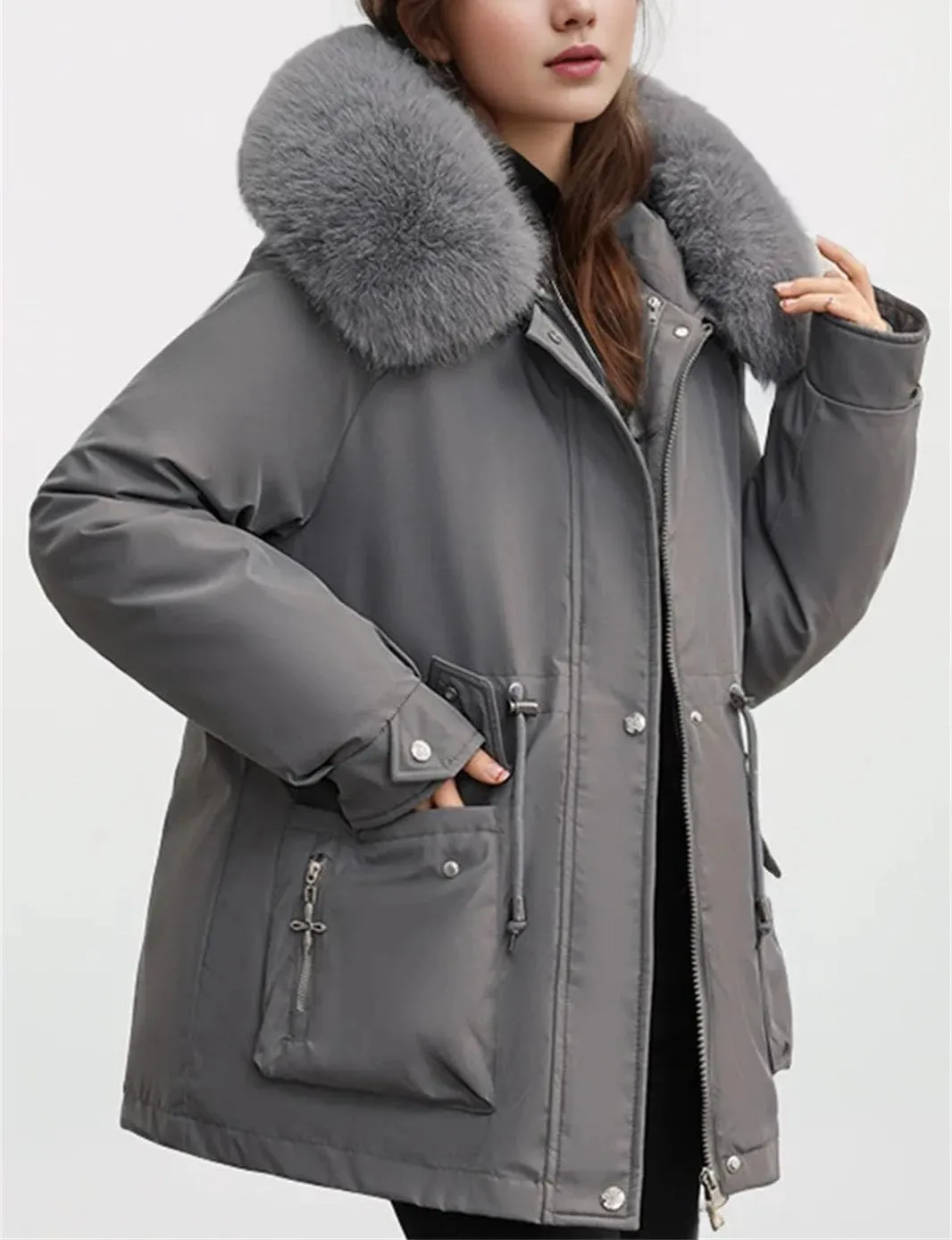 Women's Pocket Drawstring Waist Parka Coat Vintage Plush Hooded Button Cotton-Padded Jacket
