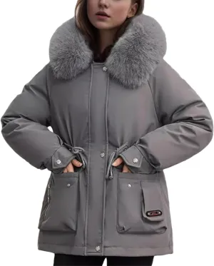 Women's Pocket Drawstring Waist Parka Coat Vintage Plush Hooded Button Cotton-Padded Jacket