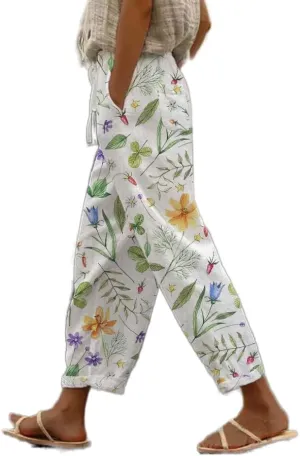 Women's Summer Boho Floral Casual Linen Pants Elastic High Waisted Wide Leg Beach Trousers with Pockets Plus Size