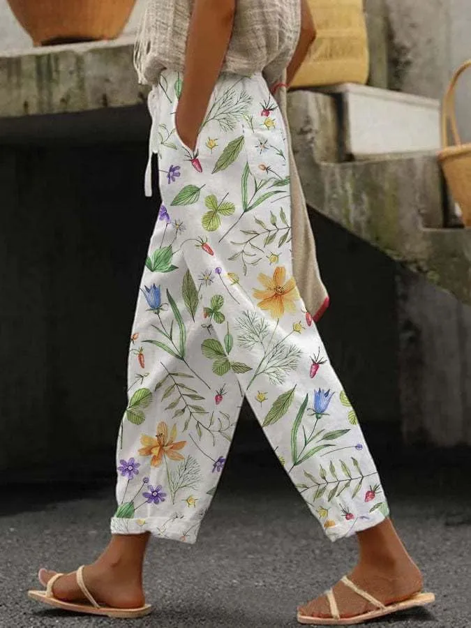 Women's Summer Boho Floral Casual Linen Pants Elastic High Waisted Wide Leg Beach Trousers with Pockets Plus Size