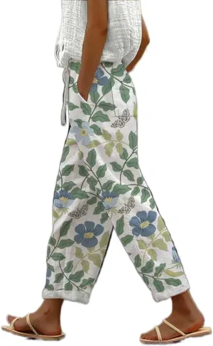 Women's Summer Boho Floral Casual Linen Pants Elastic High Waisted Wide Leg Beach Trousers with Pockets Plus Size