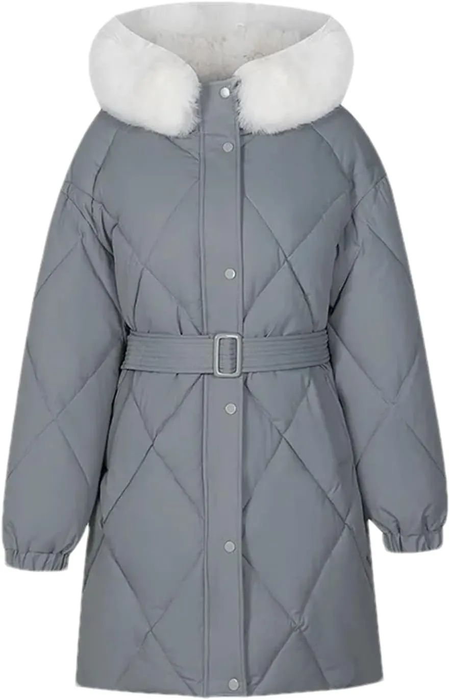Women's Tie Waist Zipper Button Parka Coat Vintage Hooded Plush Hooded Stripe Cotton-Padded Jacket