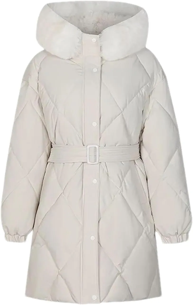Women's Tie Waist Zipper Button Parka Coat Vintage Hooded Plush Hooded Stripe Cotton-Padded Jacket