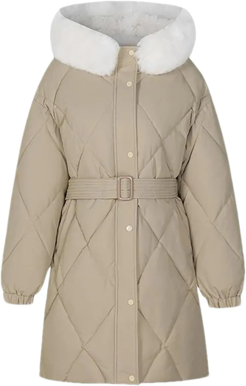 Women's Tie Waist Zipper Button Parka Coat Vintage Hooded Plush Hooded Stripe Cotton-Padded Jacket