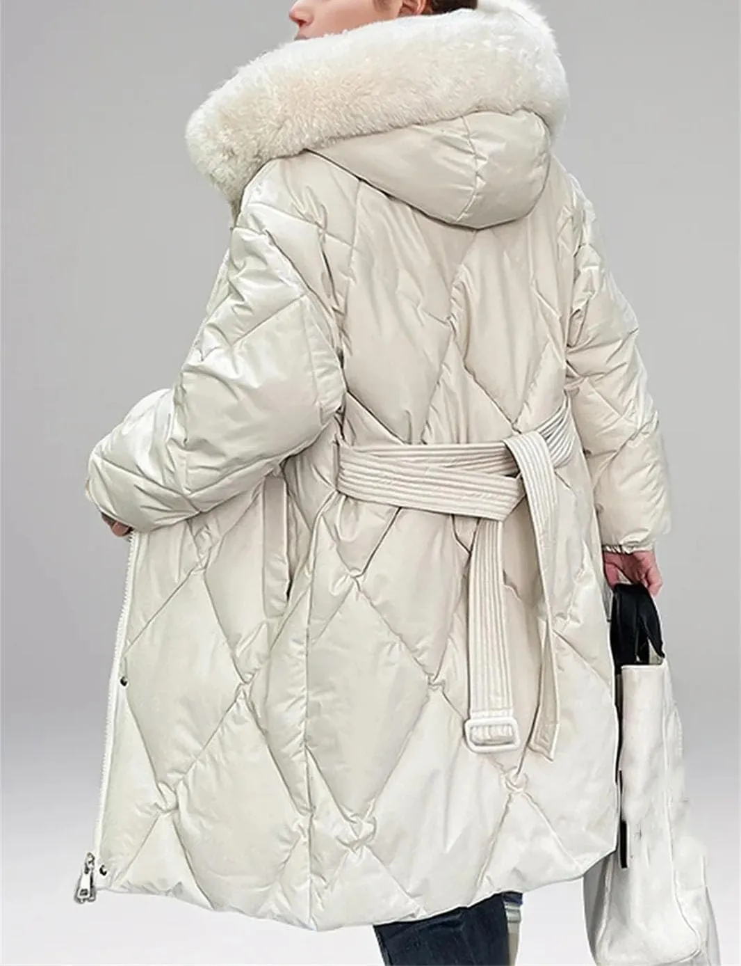 Women's Tie Waist Zipper Button Parka Coat Vintage Hooded Plush Hooded Stripe Cotton-Padded Jacket