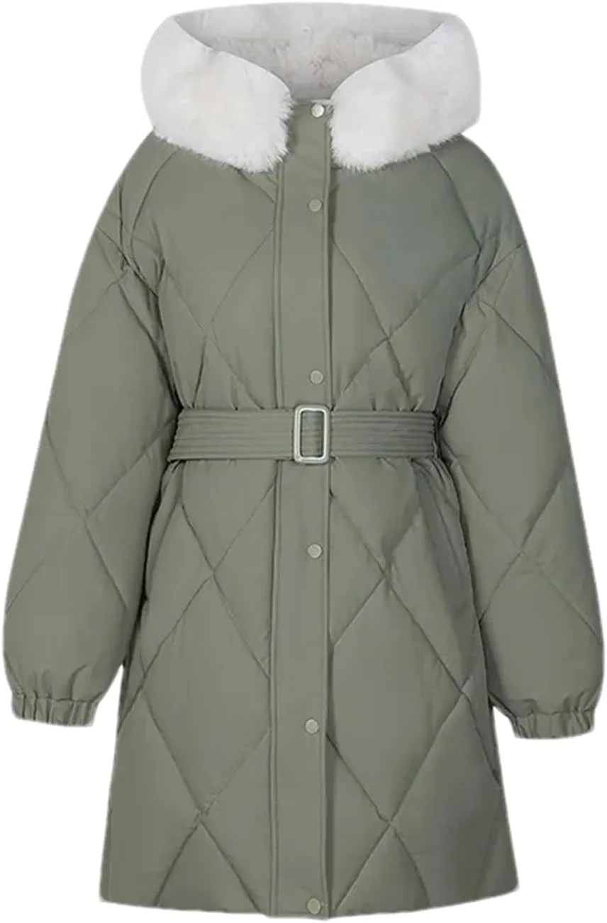 Women's Tie Waist Zipper Button Parka Coat Vintage Hooded Plush Hooded Stripe Cotton-Padded Jacket
