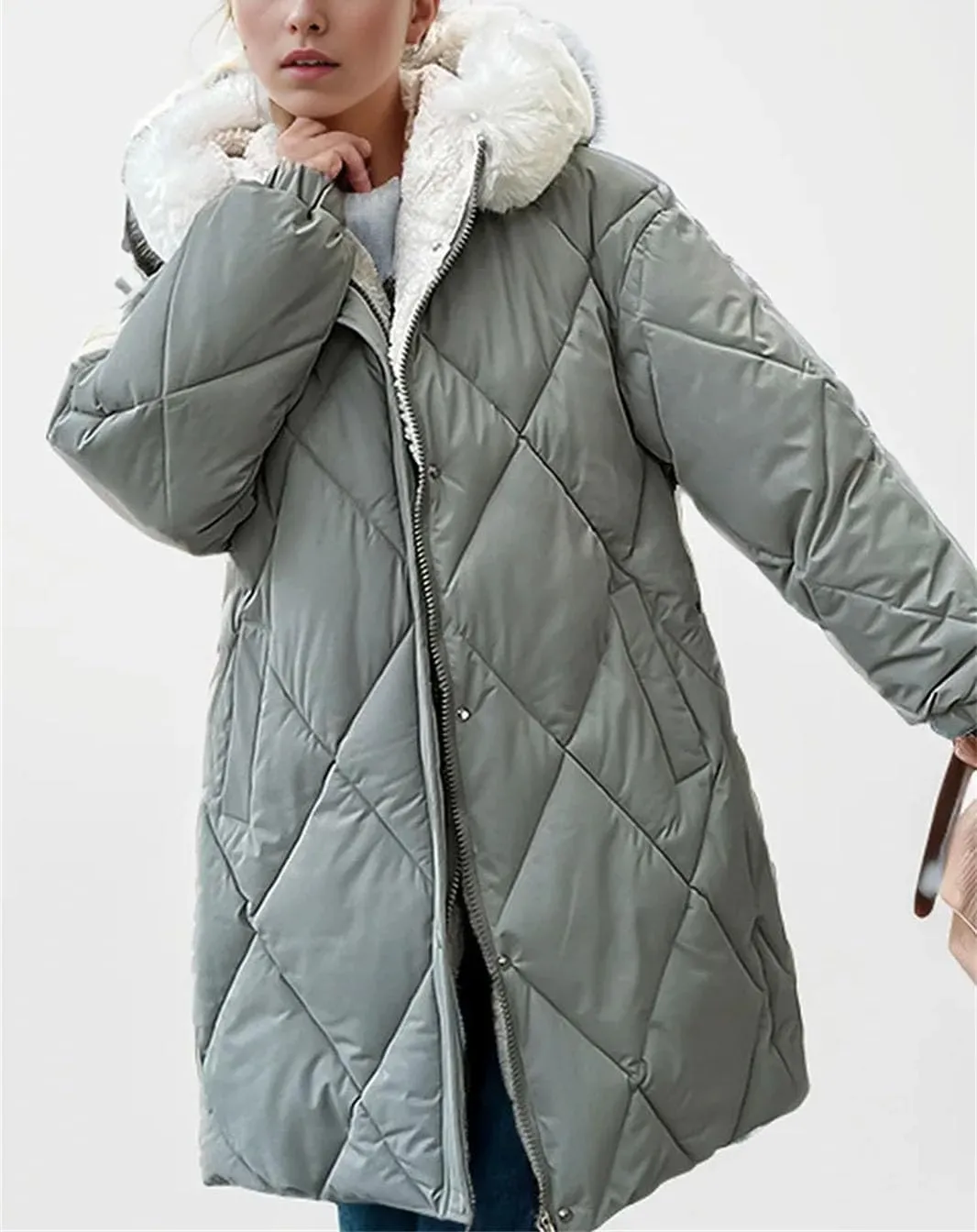 Women's Tie Waist Zipper Button Parka Coat Vintage Hooded Plush Hooded Stripe Cotton-Padded Jacket