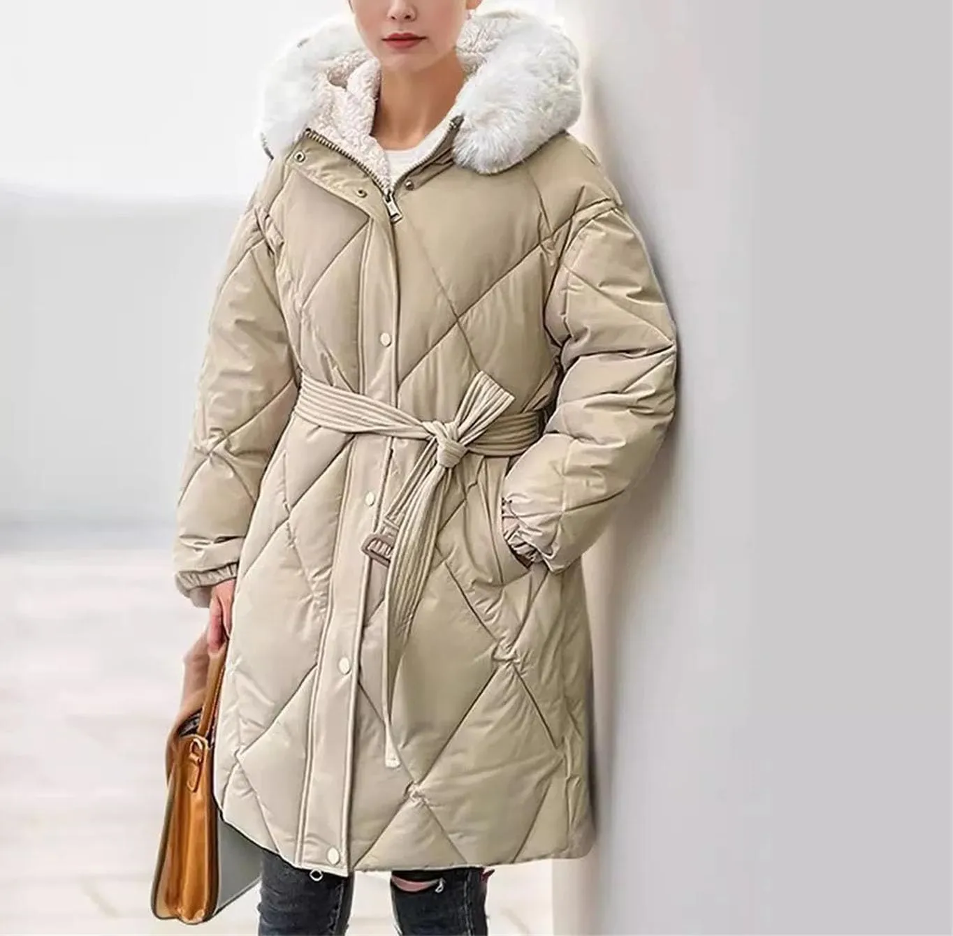 Women's Tie Waist Zipper Button Parka Coat Vintage Hooded Plush Hooded Stripe Cotton-Padded Jacket
