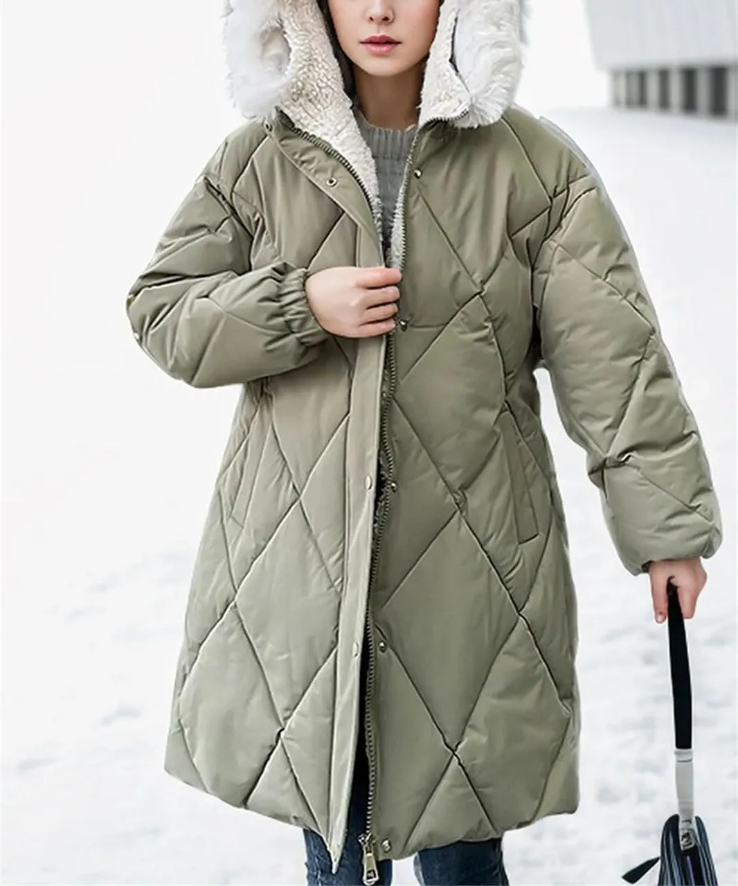 Women's Tie Waist Zipper Button Parka Coat Vintage Hooded Plush Hooded Stripe Cotton-Padded Jacket
