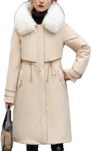 Women's Waist Drawstring Warm Parkas Coats Vintage Plush Hooded Long Cotton-Padded Jacket