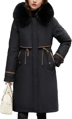 Women's Waist Drawstring Warm Parkas Coats Vintage Plush Hooded Long Cotton-Padded Jacket