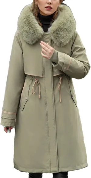 Women's Waist Drawstring Warm Parkas Coats Vintage Plush Hooded Long Cotton-Padded Jacket