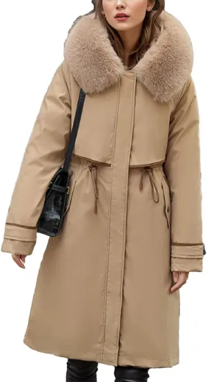 Women's Waist Drawstring Warm Parkas Coats Vintage Plush Hooded Long Cotton-Padded Jacket
