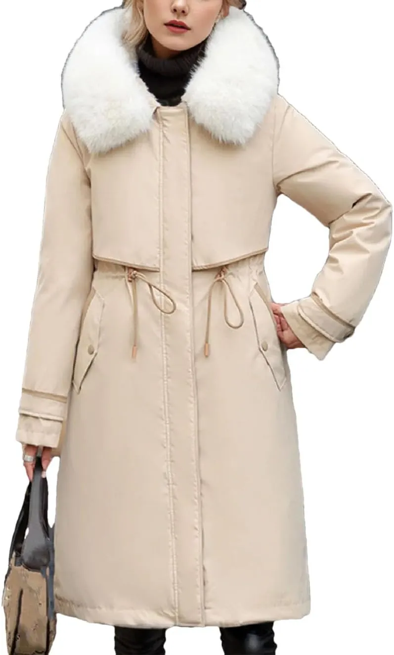 Women's Waist Drawstring Warm Parkas Coats Vintage Plush Hooded Long Cotton-Padded Jacket