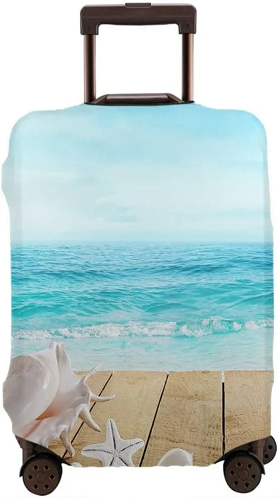 Wondertify Boardwalk Shells Luggage Cover Blue Ocean Seashore Starfish Old Wood Washable Suitcase Protector Anti-Scratch Suitcase Cover Fits 22-24 Inch