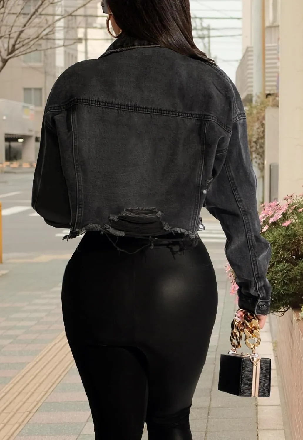 YouSexy Cropped Denim Jackets for Women Long Sleeve Destroyed Wash Jean Jackets