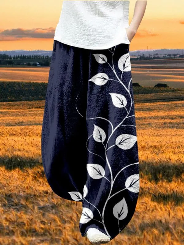 ZOCAVIA Japanese Style Lantern Pants for Women Summer Baggy Boho Floral Wide Leg Pants Elastic Hippie Trouser with Pockets
