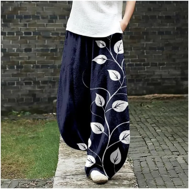 ZOCAVIA Japanese Style Lantern Pants for Women Summer Baggy Boho Floral Wide Leg Pants Elastic Hippie Trouser with Pockets