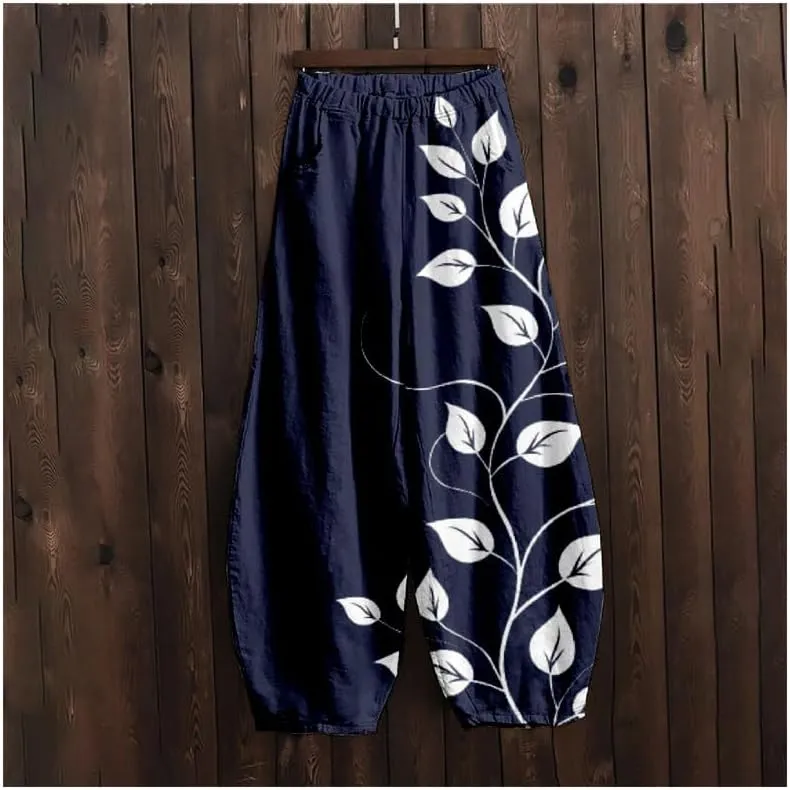 ZOCAVIA Japanese Style Lantern Pants for Women Summer Baggy Boho Floral Wide Leg Pants Elastic Hippie Trouser with Pockets