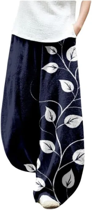 ZOCAVIA Japanese Style Lantern Pants for Women Summer Baggy Boho Floral Wide Leg Pants Elastic Hippie Trouser with Pockets