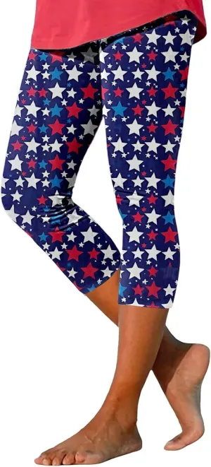 ZYXTIM American Flag Capri Leggings for Women Stretch Yoga Pants 4th of July Patriotic Star Stripes Patterned Casual Trousers