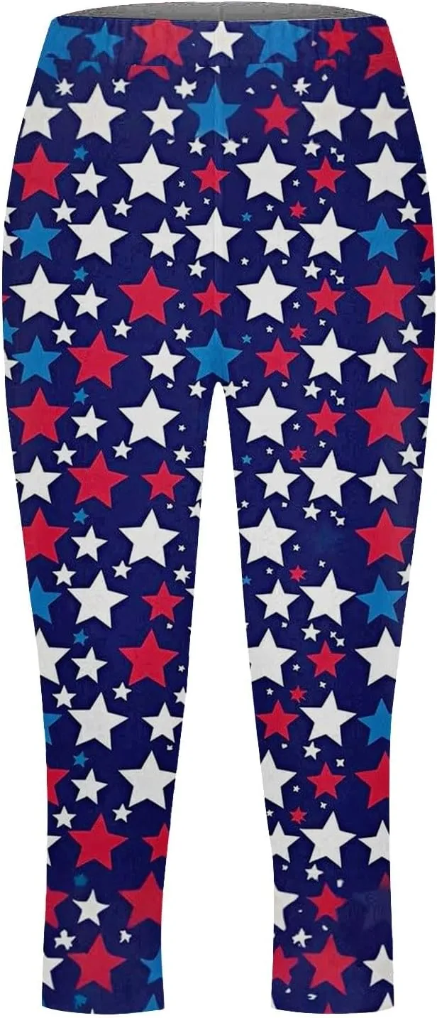 ZYXTIM American Flag Capri Leggings for Women Stretch Yoga Pants 4th of July Patriotic Star Stripes Patterned Casual Trousers