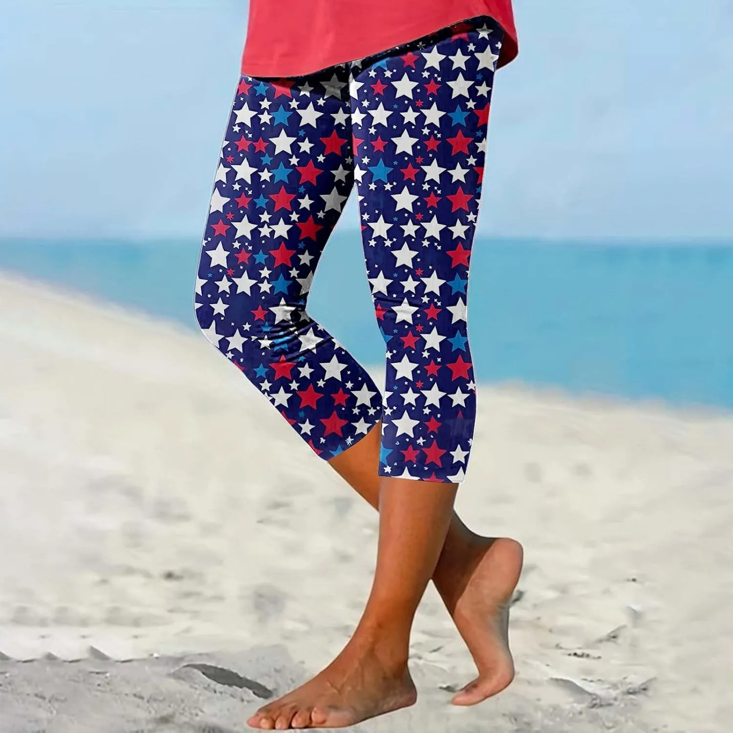 ZYXTIM American Flag Capri Leggings for Women Stretch Yoga Pants 4th of July Patriotic Star Stripes Patterned Casual Trousers